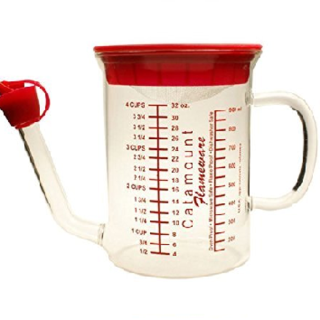 No-Spill Gravy/Fat Separator- Heat Resistant Borosilicate Glass with Silicone Nozzle and Stainless Steel Flavor Infuser Strainer Lid - 4 Cup (32oz)
