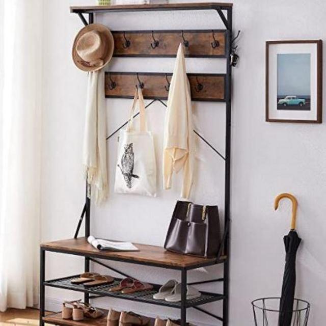 3-in-1 Entryway Coat Rack,Vintage Industrial Hall Tree 72 Inch with Storage Bench and Coat Racks Entryway Storage Shelf Organizer with 9 Hooks， Large Size, Wood Look Accent Furniture with Metal Frame