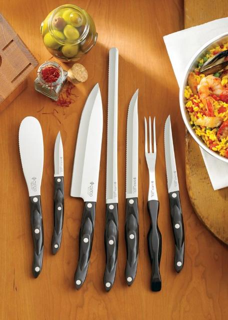 CUTCO Model 2007 Galley Set w/ Honey Oak Block. 6 High Carbon Stainless knives & one fork w/Classic Dark Brown handles (often called "Black"). Come in factory-sealed plastic bags