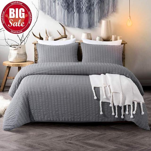 DuShow Solid Queen Duvet Cover Set Dark Gray Washed Cotton Bedding Set Soft Seersucker Home Collection Comforter Cover Set Hypoallergenic with Zipper