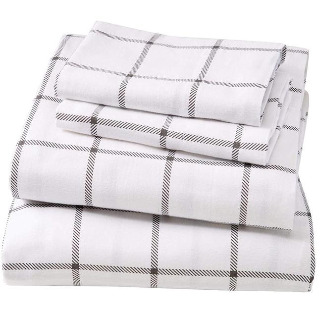 Extra Soft Windowpane 100% Turkish Cotton Flannel Sheet Set. Warm, Cozy, Lightweight, Luxury Winter Bed Sheets. Belle Collection (Queen, White/Grey)