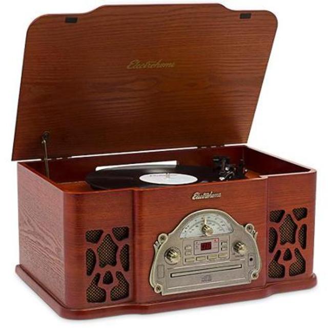 Electrohome Vinyl Record Player Classic Turntable Wood Stereo System, AM/FM Radio, CD, and AUX Input for Smartphones