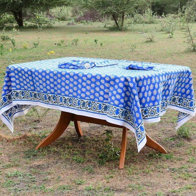 SZ Blockprints Tablecloth in London Blue Small Paisley Print