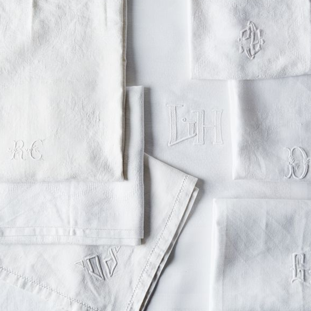 Vintage White Monogrammed French Napkins, S/4