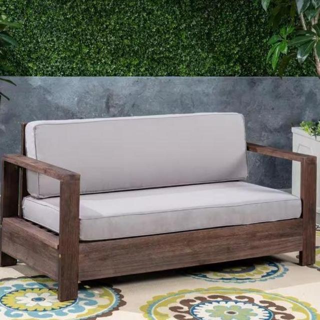 Devon Brushed Brown Wood Outdoor Loveseat with Light Grey Cushion