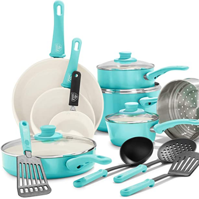 GreenLife Soft Grip Healthy Ceramic Nonstick, Cookware Pots and Pans Set, 16 Piece, Turquoise & Nylon Cooking Set, 7-Piece, Turquoise, 7pc Utensil, Turquoise