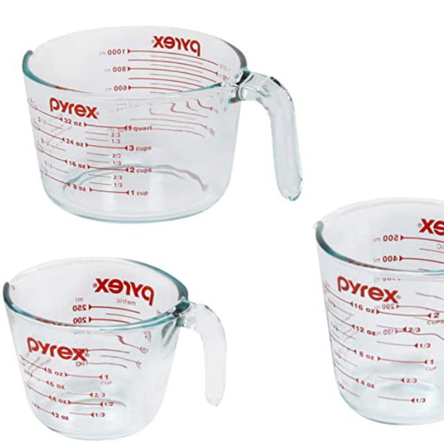 Pyrex 3 Piece Glass Measuring Cup Set, Includes 1-Cup, 2-Cup, and 4-Cup Tempered Glass Liquid Measuring Cups, Dishwasher, Freezer, Microwave, and Preheated Oven Safe, Essential Kitchen Tools