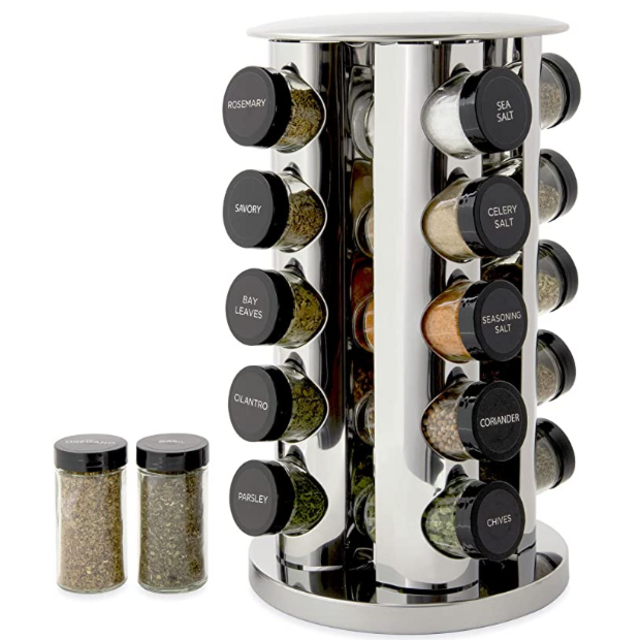 Kamenstein Revolving 20-Jar Countertop Rack Tower Organizer with Free Spice Refills for 5 Years, Polished Stainless Steel with Black Caps