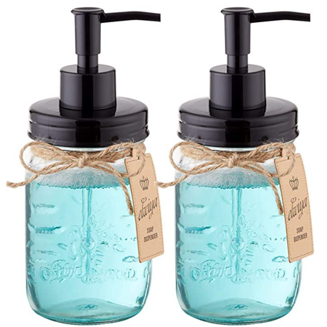 Elwiya Mason Jar Soap Dispenser - 16 Ounce Glass Mason Jar with Plastic Pump and Lid - Rust Proof - Rustic Bathroom Accessories &Kitchen Home Decor - 2 Pack