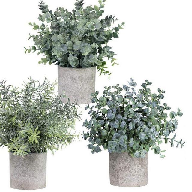 Winlyn Set of 3 Mini Potted Artificial Eucalyptus Plants Plastic Fake Green Rosemary Plant for Home Decor Office Desk Shower Room Decoration
