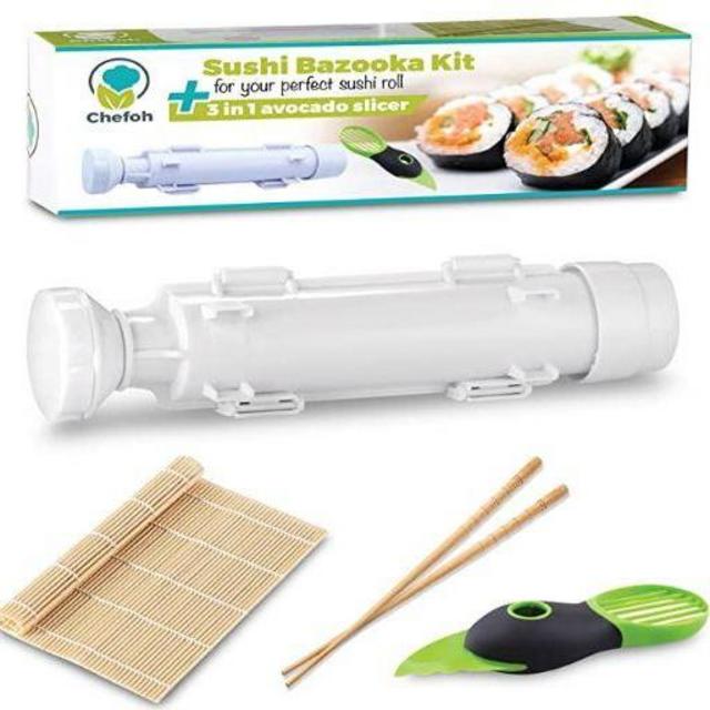 Chefoh All-In-One Sushi Making Kit | Sushi Bazooka, Sushi Mat & Bamboo Chopsticks Set + 3in1 Avocado Slicer | DIY Rice Roller Machine | Very Easy To Use | Must-Have Kitchen Appliance