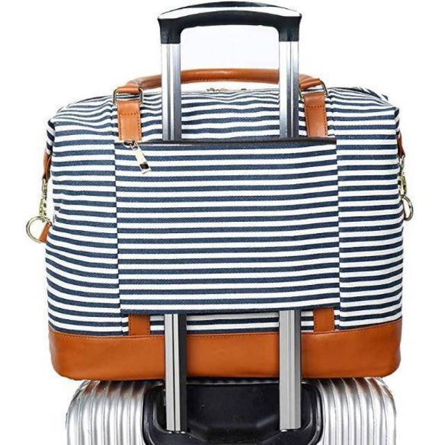 Women Ladies Canvas Weekender Bag Overnight Carry-on Tote Duffel in Trolley Handle (Blue Stripe)