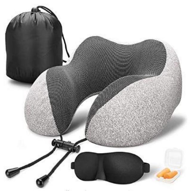 MLVOC Travel Pillow 100% Pure Memory Foam Neck Pillow, Comfortable & Breathable Cover, Machine Washable, Airplane Travel Kit with 3D Contoured Eye Masks, Earplugs, and Luxury Bag, Standard, Gray