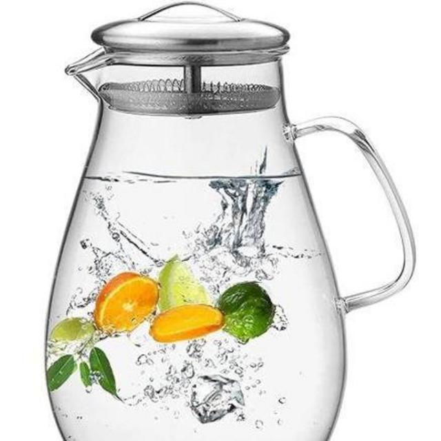 Hiware 64 Ounces Glass Pitcher with Stainless Steel Lid / Water Carafe with Handle - Good Beverage Pitcher for Homemade Juice & Iced Tea, Cleaning Brush Included