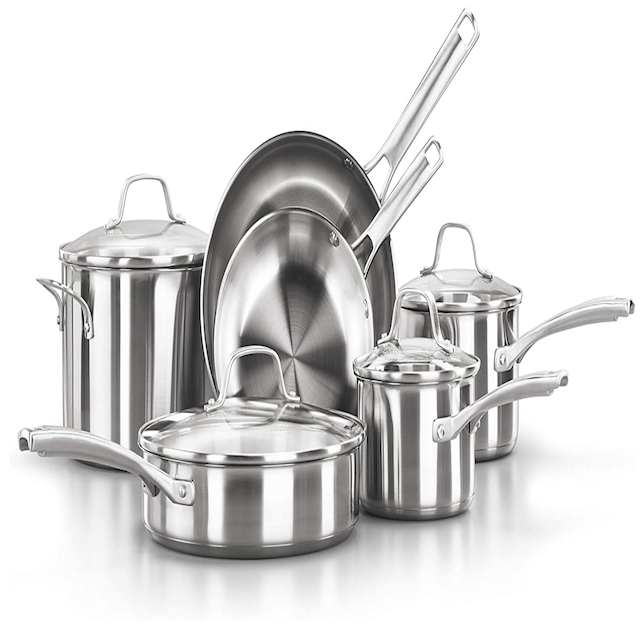 Calphalon 10-Piece Pots and Pans Set, Stainless Steel Kitchen Cookware with Stay-Cool Handles and Pour Spouts, Dishwasher Safe, Silver