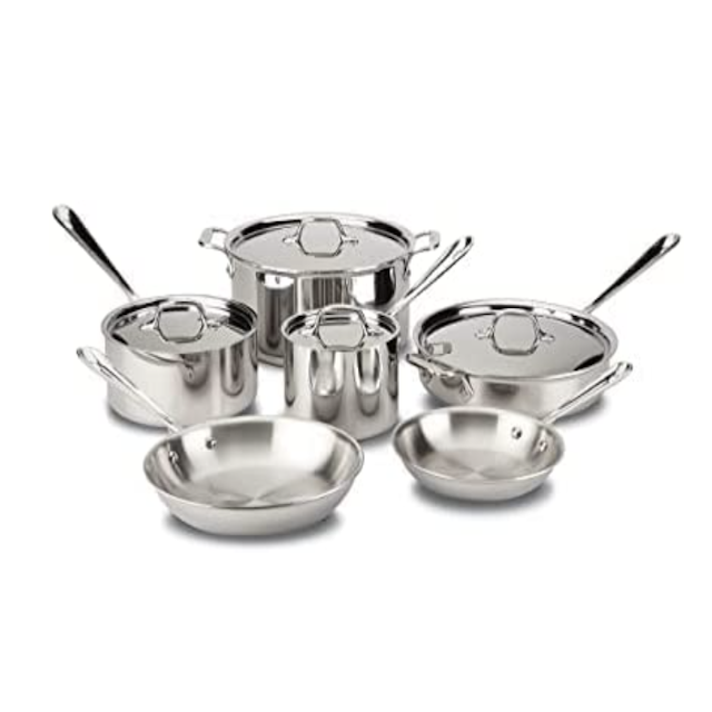 All-Clad D3 3-Ply Stainless Steel Cookware Set 10 Piece Induction Oven Broil Safe 600F Pots and Pans