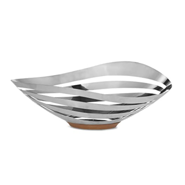 nambe - Pulse Collection - Bread & Fruit Bowl - Measures at 16.25" x 8.5" x 5.5" - Made with Acacia Wood and Stainless Steel - Designed by Sena & Seidenfaden Design