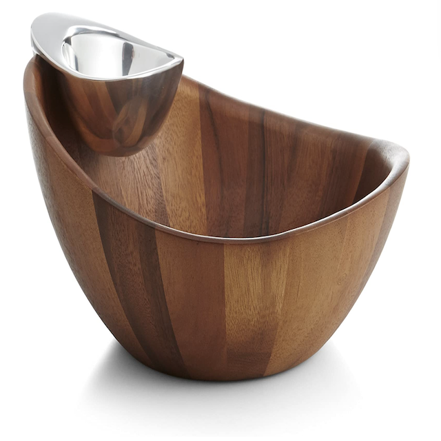nambe Harmony Chip and Dip Server | Chips and Salsa Serving Dish | Salad Bar Serving Set for A Party | Chilled Dip Serving Bowl | Made of Acacia Wood and Metal Alloy