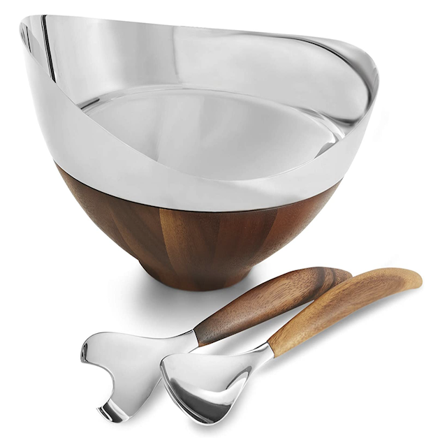 nambe Pulse Salad Bowl w/Servers | Large 13 Inch Salad Bowl with Serving Utensils | 3 Piece Decorative Wooden Salad Bowl Set | Made of Stainless Steel and Acacia Wood | Bowl is Dishwasher Safe