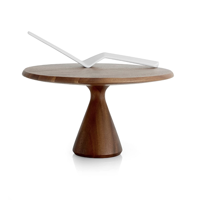 nambe Quatro Cake Plate with Server | Acacia Wood Footed Cake Stand and Porcelain Cake Knife | Dessert Display Stand for Cupcakes, Cookies, Birthday Parties, and Weddings (11.5")