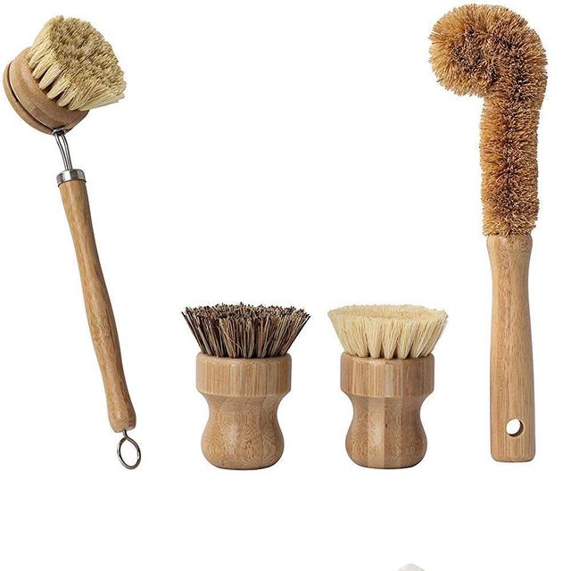 Earth's Own Natural Bamboo Dish Scrub Brush 4 Piece Set - Made From 100% Natural Bamboo -Natural Bristle - Plastic Free Dishes Scrub Brush For Dishes, Pot, Pans.