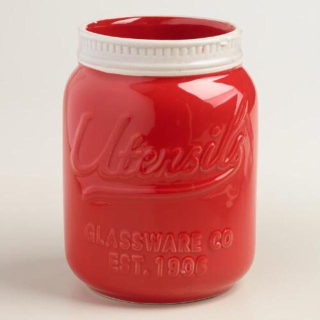 Red Mason Jar Ceramic Utensil Holder