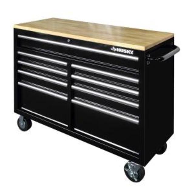 46 in. 9-Drawer Mobile Workbench with Solid Wood Top, Black