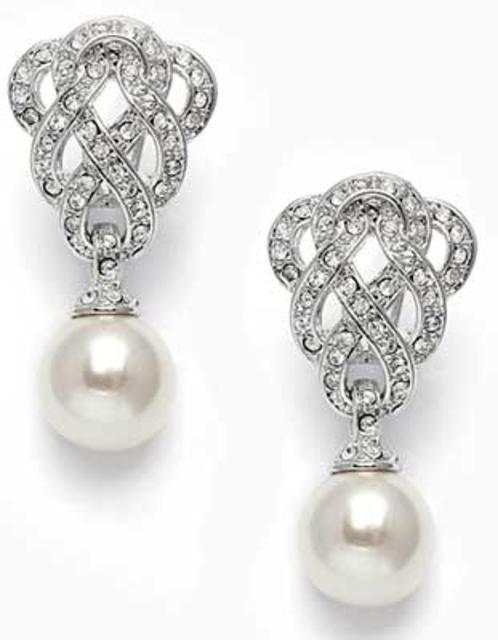 Celtic Style Cubic Zirconia Braided Wedding Earrings with Pearl Drop - e3831c