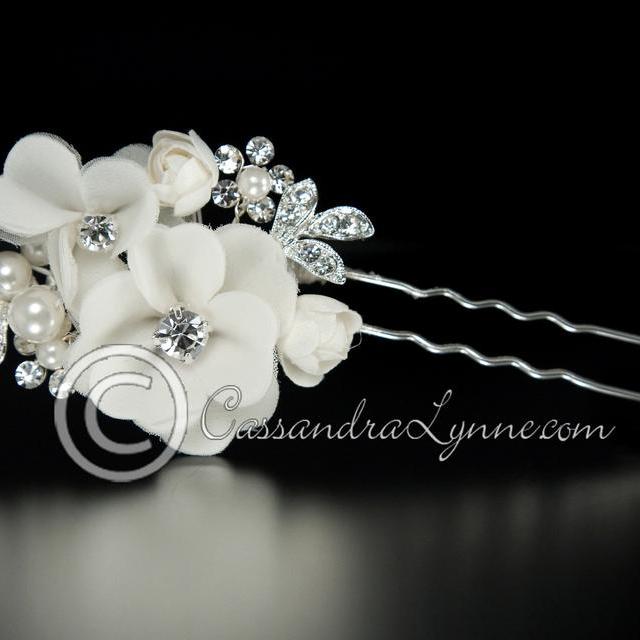 Bridal Hair Pin of Ivory Fabric Flowers and Pearls