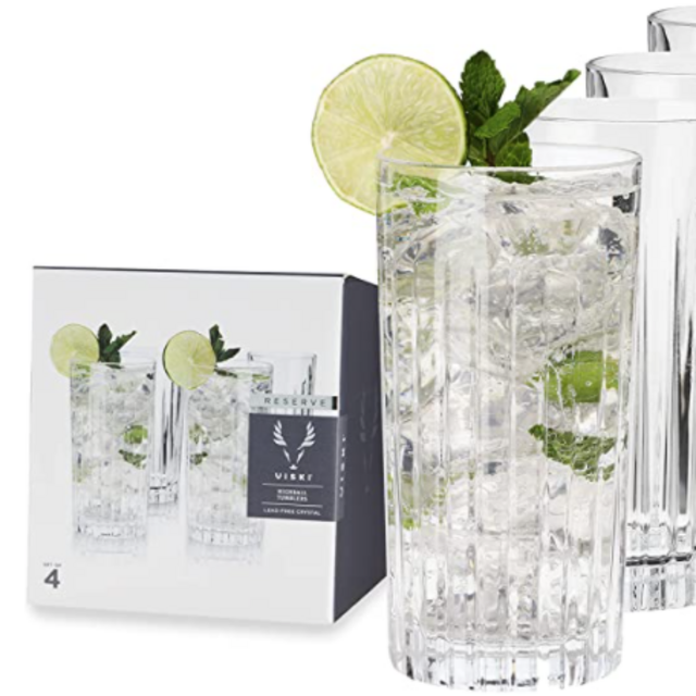 Viski Highball Tumblers, 4 Lead-Free Crystal Cocktail Glasses European Made Glassware, Set of 4, Clear