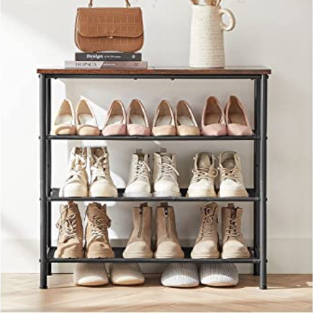VASAGLE Shoe Rack 4 Tier, Narrow Shoe Organizer for Closet Entryway, with 3 Fabric Shelves and Top for Bags, Shoe Shelf, Steel Frame, Industrial, Rustic Brown and Black ULBS035B01