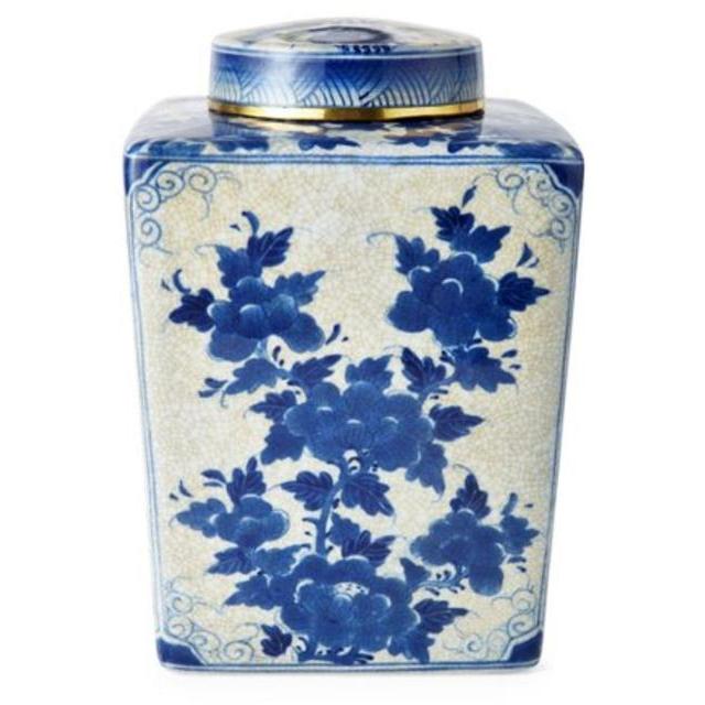 11" Floral Jar w/ Lid, Blue/White