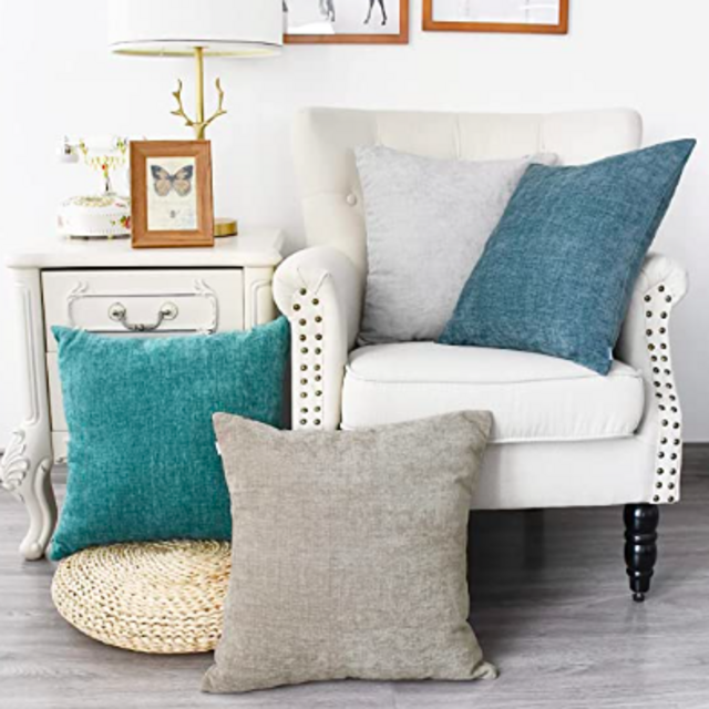 CaliTime Throw Pillow Covers Set of 4 Modern Multi-Color Matching Cozy Soft Chenille Cushion Cases Shells for Couch Sofa Home Decor 18 X 18 Inches Teal Taupe Moonbeam Gray Smoke Blue