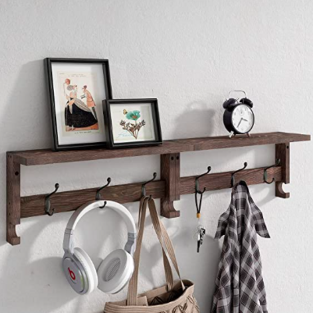 VERTORGAN Coat Hooks, Wall Hooks with Shelf, Wood Coat Rack with Shelf Wall-Mounted, 31.5 Inch Entryway Shelf with 10 Hooks (Brown)