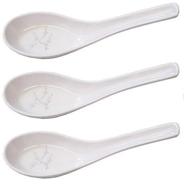 Happy Sales Melamine Soba, Rice Spoons, Asian Chinese Won Ton Soup Spoon, 6-Pack White Blossom Design