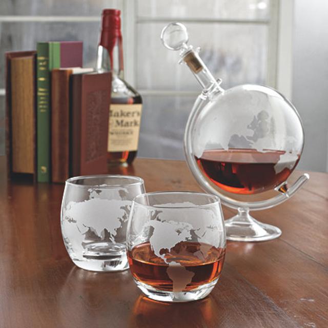Etched Globe Whiskey Decanter & Glass Set