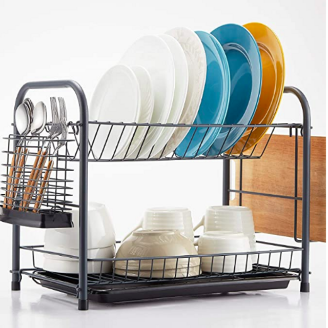 2 Tier Dish Rack, NATUROUS Dish Drying Rack Kitchen Organizer with Drain Board, Utensil Holder, Cutting Board Holder, Gray