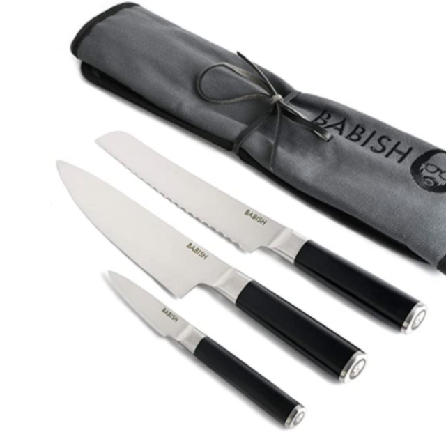 Babish German Steel Cutlery, 3-Piece w/Knife Roll, Silver