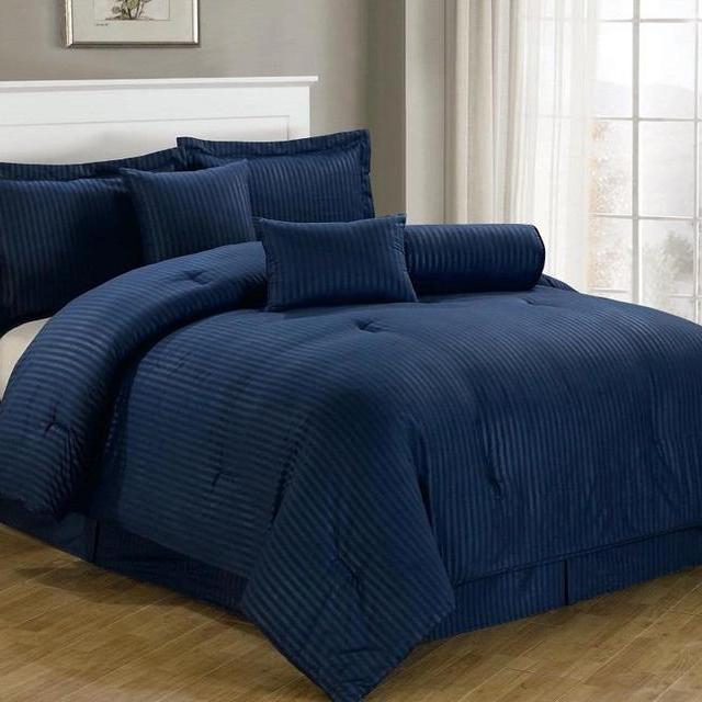 Chezmoi Collection 7-Piece Hotel Dobby Stripe Comforter Set, Queen, Navy Blue