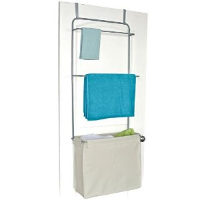 Homz "Over The Door" Towel and Garment Organizer with Khaki Laundry Bag Included, 21" x 9.5" x 56", Silver (5832008)