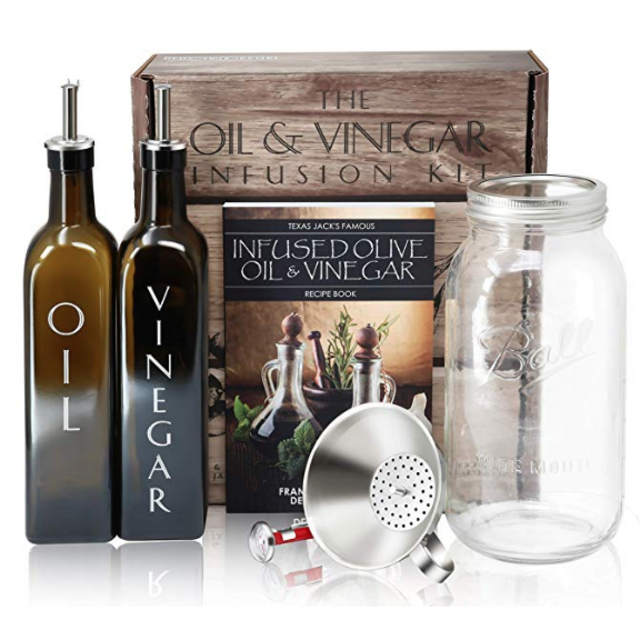 The Olive Oil & Vinegar Infusion Kit | Recipe & Instruction Book w/over 40 Recipes | Set of 500mL Dark Green Square Bottles w/Dispensers | 64oz Ball Mason Jar | Funnel Strainer | Kitchen Thermometer