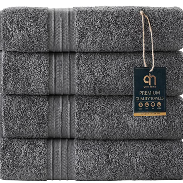 Qute Home 4-Piece Bath Towels Set, Bosporus Collection 100% Turkish Cotton Premium Quality Towels for Bathroom, Quick Dry Soft and Absorbent Turkish Towel, Set Includes 4 Bath Towels (Grey)