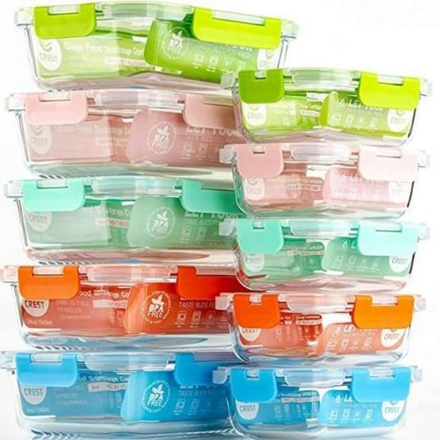 10 Pack Glass Food Storage Containers, Multicolor