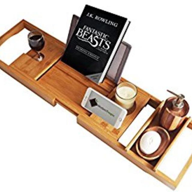 ModernTropic Bamboo Bathtub Tray and Caddy - Expandable Wooden Rack Holds Drink, Book/Tablet, Bath Accessories, Phone