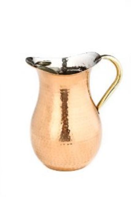 Old Dutch Copper Plated Hammered Water Pitcher with Brass Ice Guard Handle, 2.25-Quart