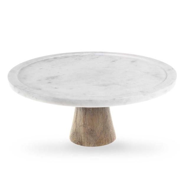 Artisanal Kitchen Supply™ White Marble and Wood Cake Stand