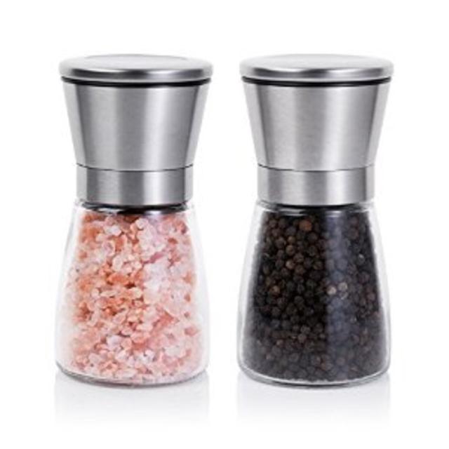 Premium Stainless Steel Salt and Pepper Grinder Set - Salt and Pepper Shakers - Salt Mill and Pepper Mill with Adjustable Coarseness - Spice Grinders with Refillable Glass Body