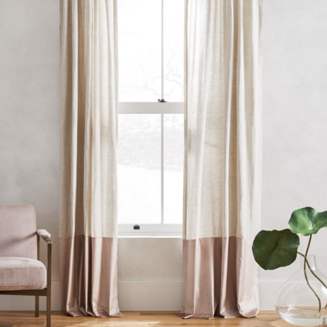 European Flax Linen & Luster Velvet Curtain - Natural/Dusty Blush