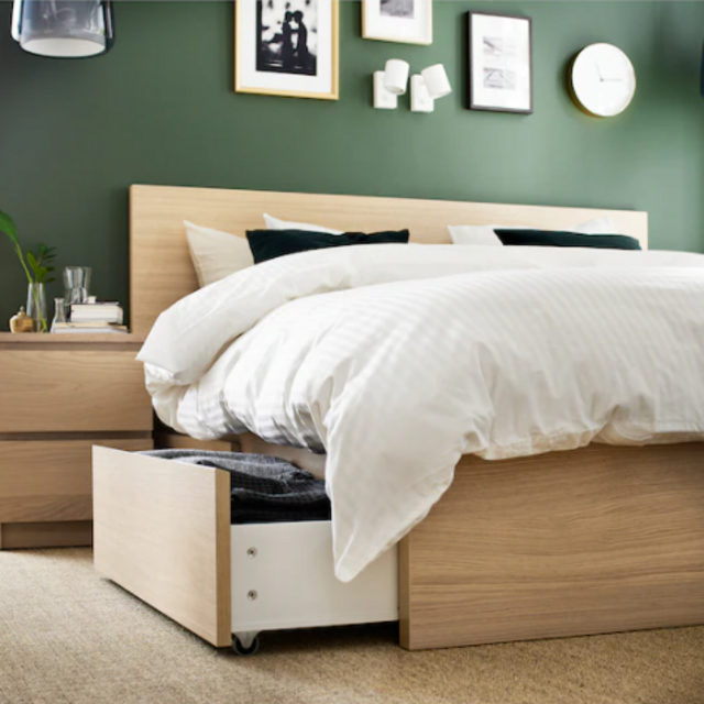 MALMHigh bed frame/ white stained oak veneer/ Queen