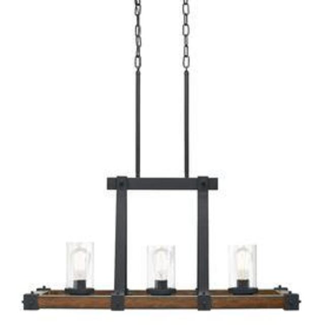 Kichler Lighting Barrington 32.01-in W 3-Light Distressed Black and Wood Kitchen Island Light with Clear Shade